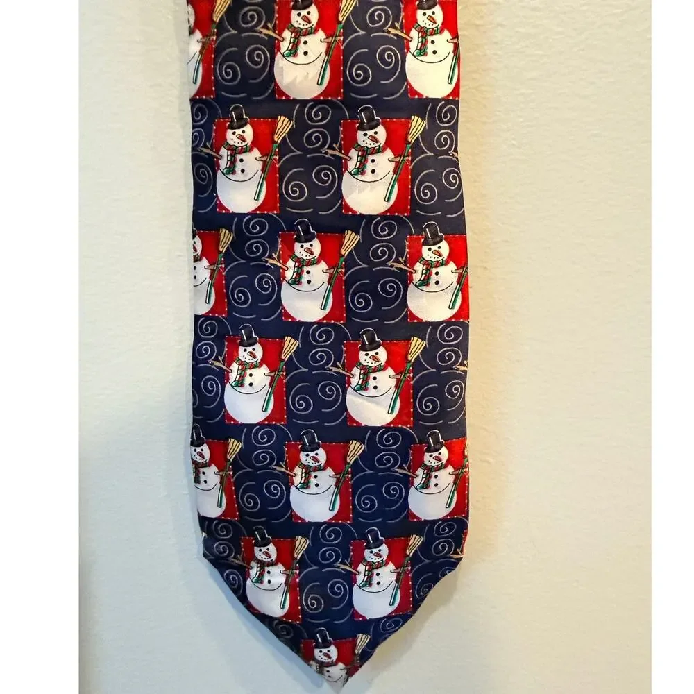 Vintage Holidays Silk Men's Tie - Festive Snowman Patchwork Pattern, Hand Made